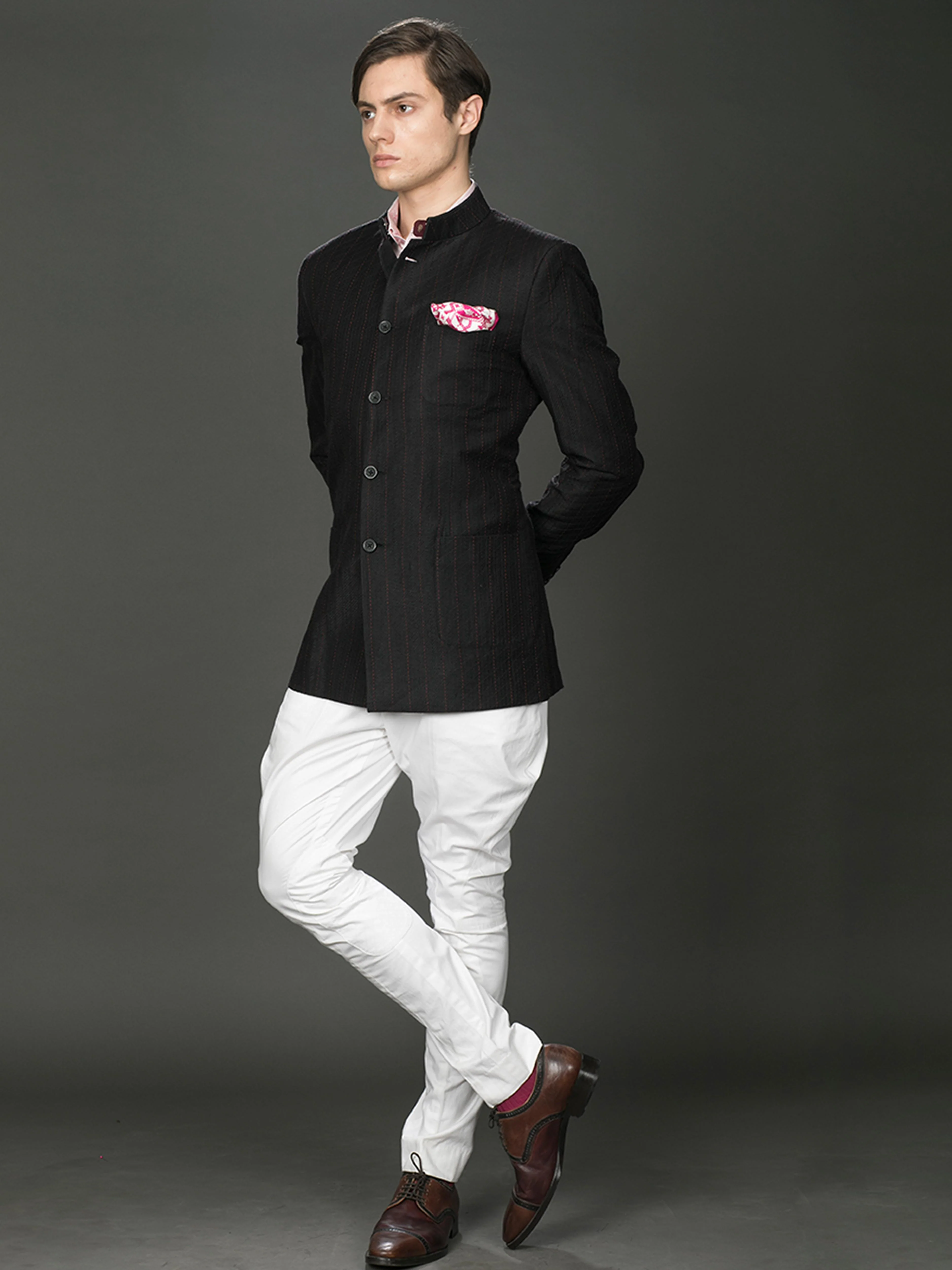 BLACK LINEN BANDHGALA JACKET - Image 4