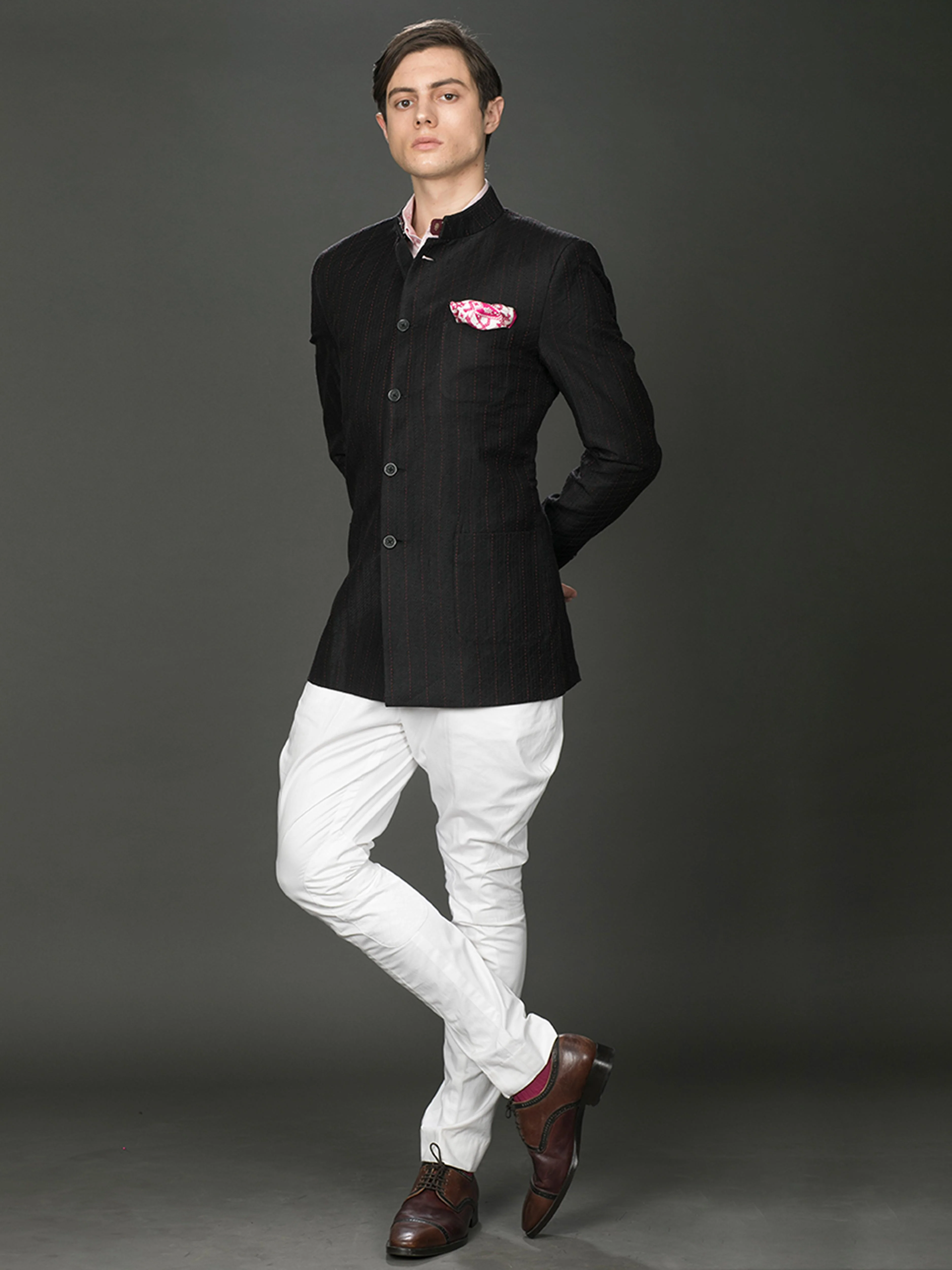 BLACK LINEN BANDHGALA JACKET - Image 5