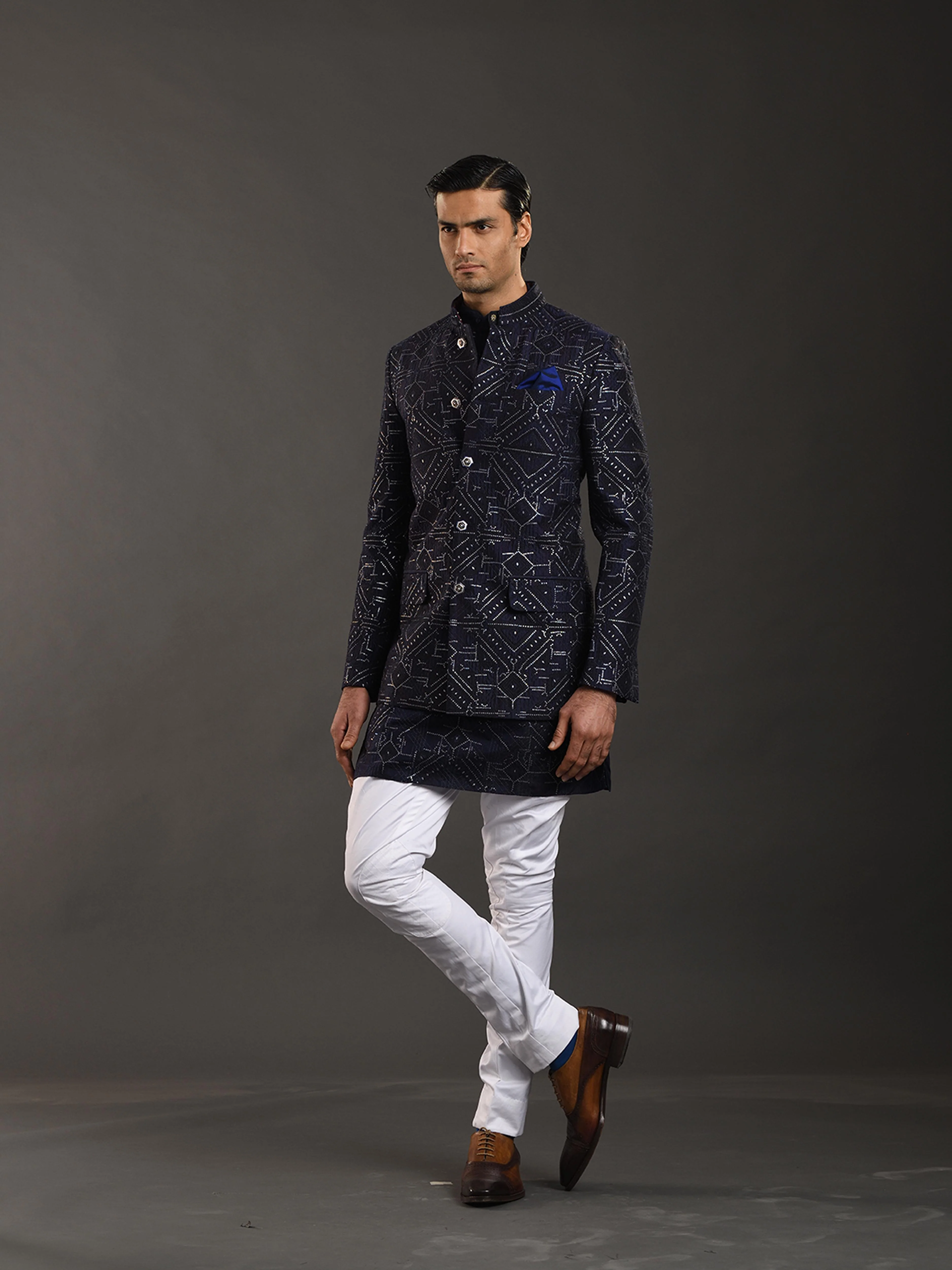 BLUE SILK BANDHGALA JACKET - Image 3
