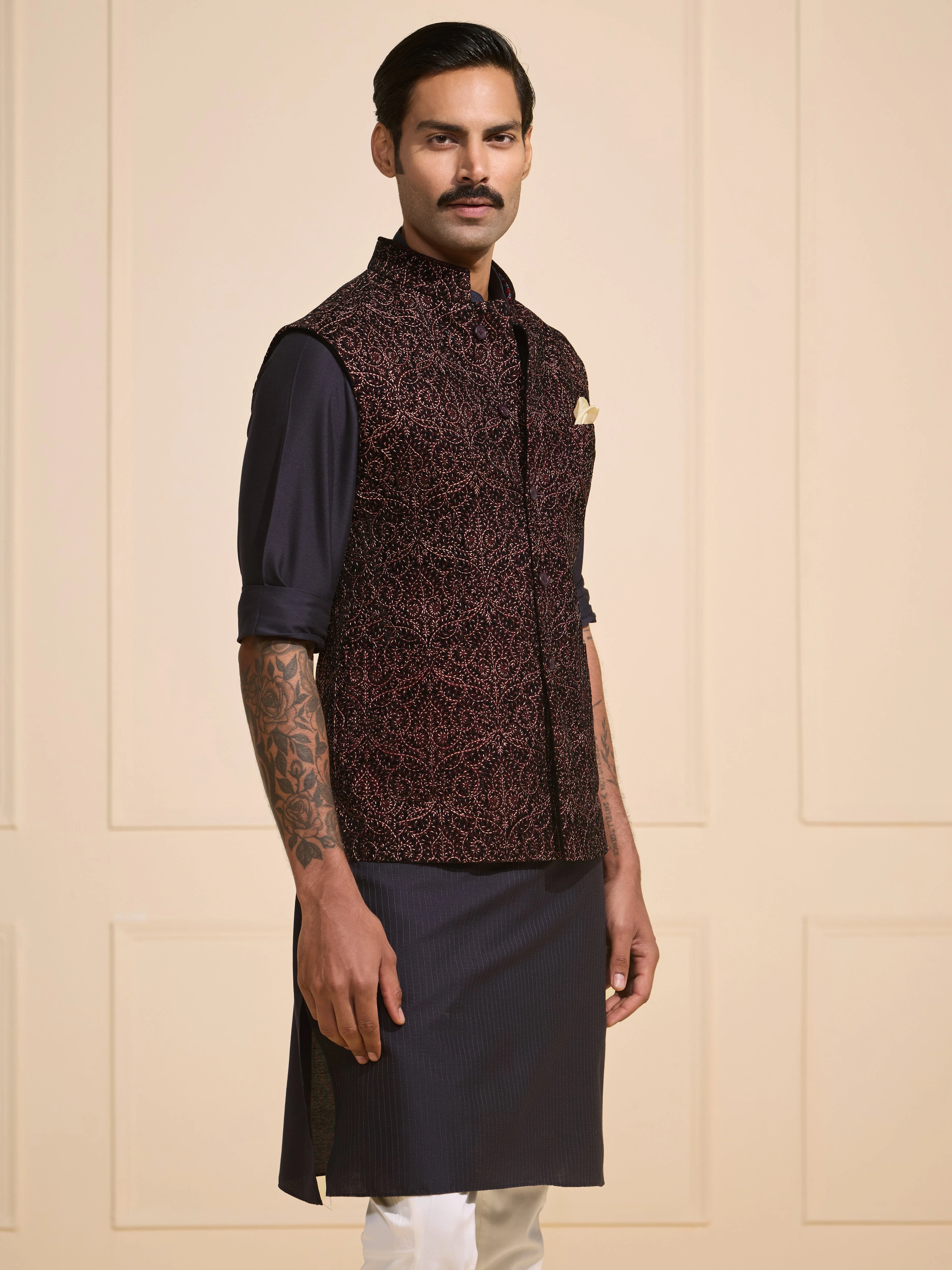 THE DEEP GARNET ETHNIC WAISTCOAT OF FESTIVE CHARM - Image 3